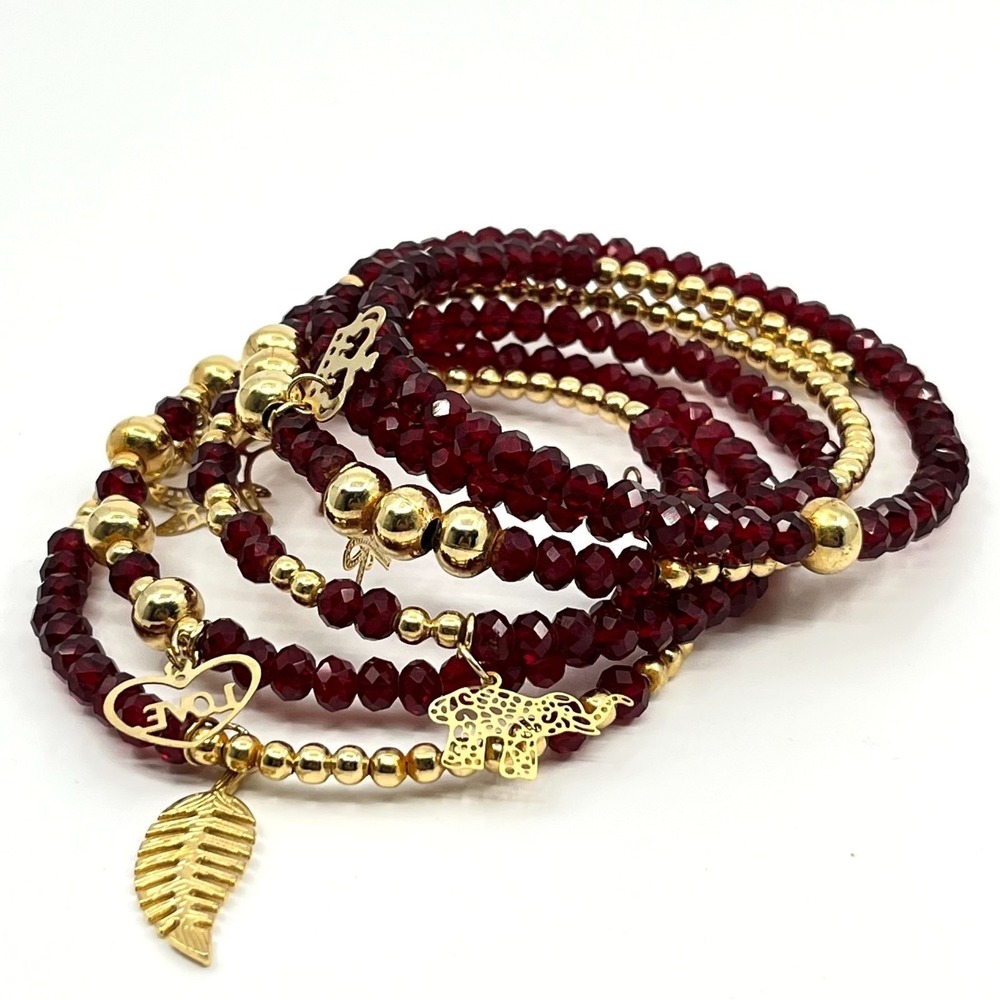 Vintage Red Crystal Beaded Stretch Bracelet Stack Gold Tone Charms Love Elephant